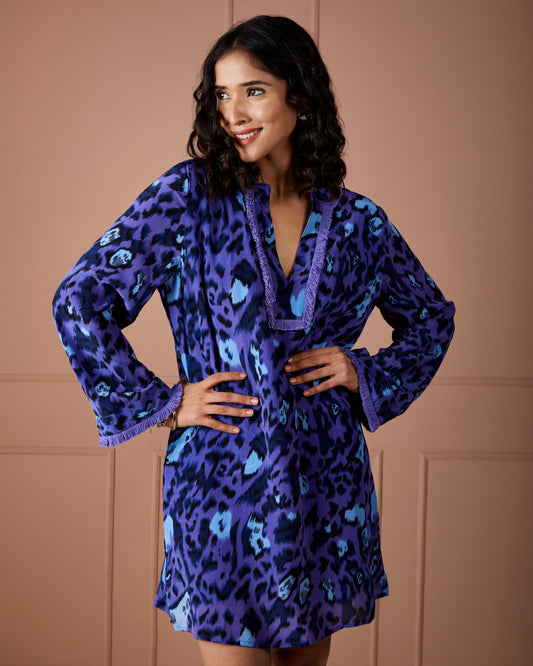 Indigo Leopard Long Sleeve Dress